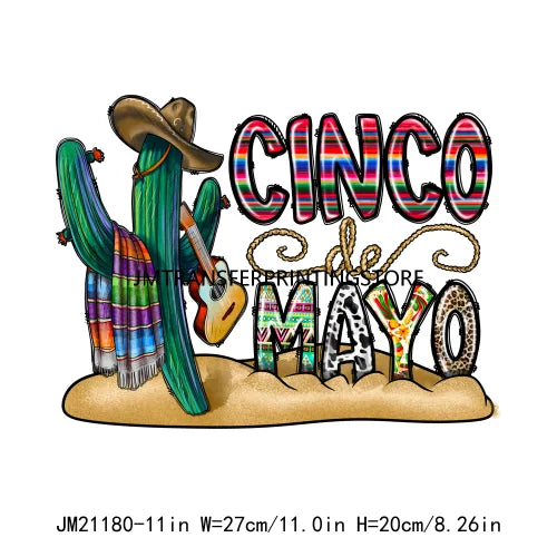 New Let's Fiesta Mexican Happy Cinco De Mayo Iron On DTF Stickers Sombrero Hat Cactus Fiesta Squad Transfer Printing For Hoodies