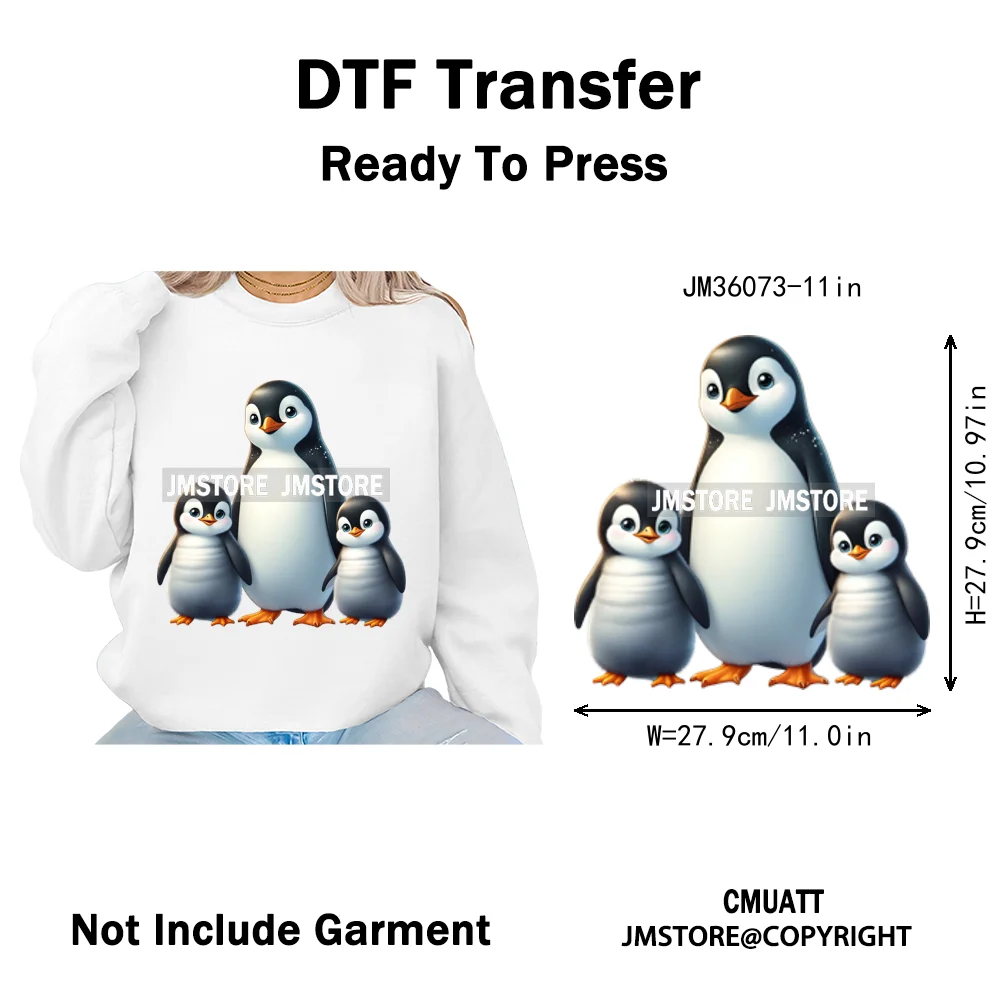 Cute Animal Penguins Coquette Hat Family Mom Father Baby Lovers Iron on DTF Heat Transfer Stickers Ready to Press for Hoodies