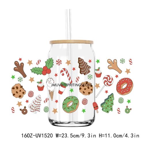 Christmas Santa Gingerbread 16OZ UV DTF Cup Wrap Transfer Sticker Custom Labels DIY Durable Waterproof Logo For Libbey Glass Can