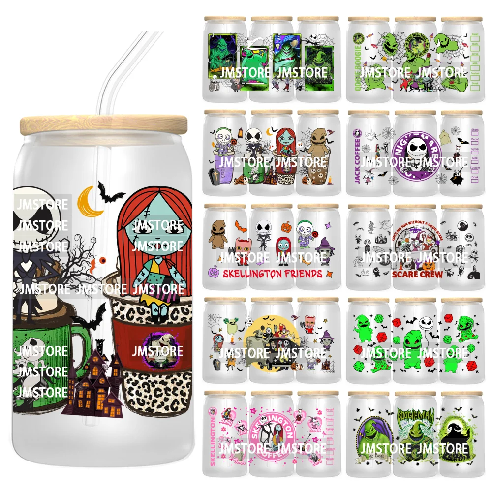 Spooky Cartoon Halloween 16OZ UV Cup Wrap DTF Transfer Stickers For Libbey Glass Can Cups Tumbler Waterproof Labels Scare Crew