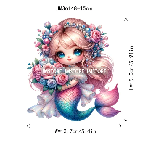 15cm 5.9in Cute Kid Flower Mermaid Iron On DTF Heat Transfer Sticker For Clothes Printed Thermal Applique Washable T-Shirt Decal