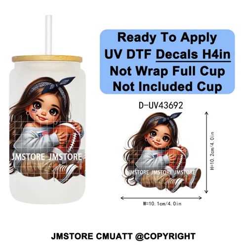 Cute Latina Baby Girl American Football UV DTF Cup Decals Ready To Apply Transfer Stickers Durable For Libbey Glass Can Tumbler