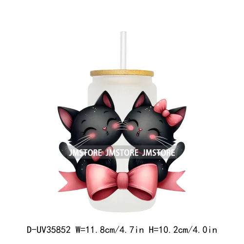 Valentine's Day Black Cat Couple UV DTF Transfer Stickers Decals Ready To Apply Waterproof For 16OZ Libbey Glass Can Cup Tumbler