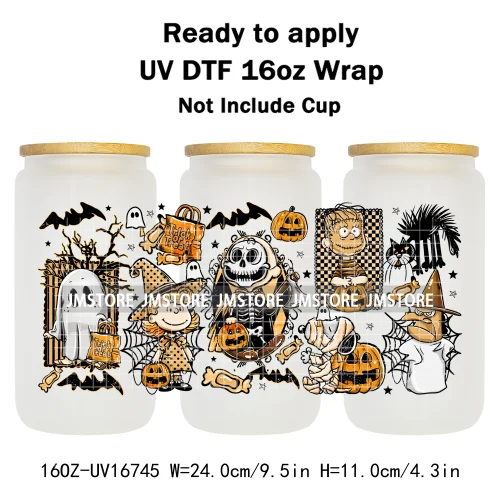 Retro Halloween Neon Scary Movie Character 16OZ UV DTF Cup Wrap Ready To Apply Waterproof Transfer Stickers For Libbey Glass Can