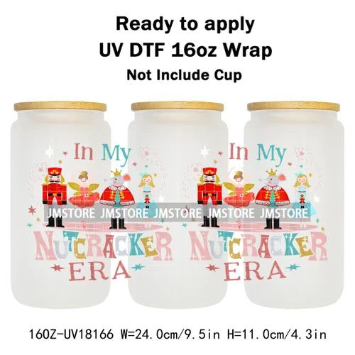Faux Glitter Preppy Nutcracker Christmas UV DTF Cup Wrap Ready To Apply Transfer Sticker 16OZ Tumbler Wraps For Libbey Glass Can