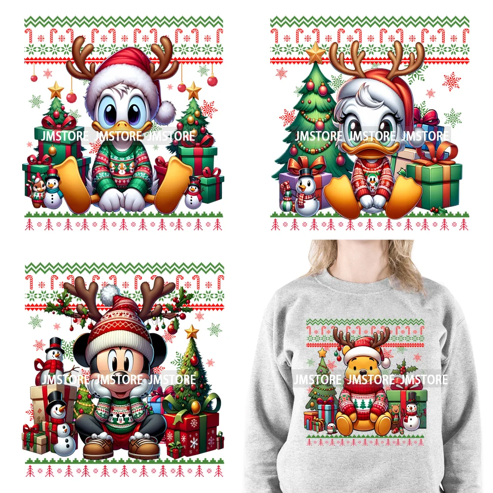 Cartoon Christmas Character Ugly Sweater Friends Deer Winter Holiday Gifts Iron On DTF Heat Press Transfers Stickers For Hoodies