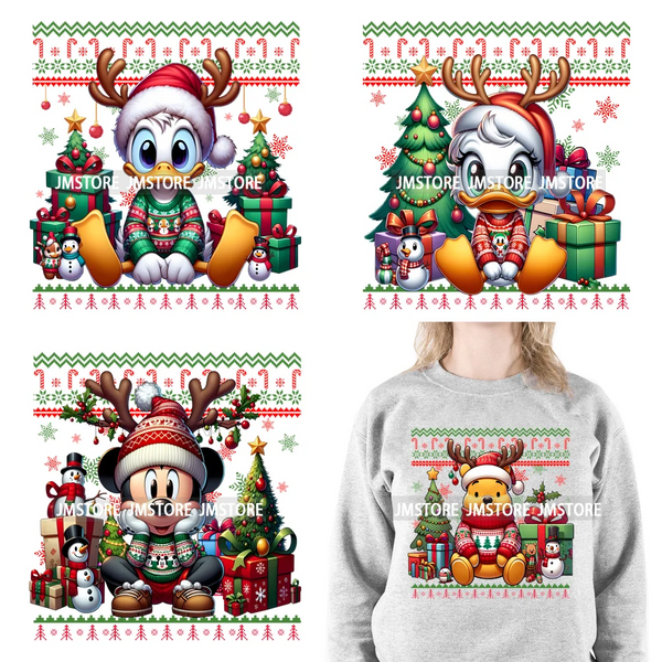 Cartoon Christmas Character Ugly Sweater Friends Deer Winter Holiday Gifts Iron On DTF Heat Press Transfers Stickers For Hoodies