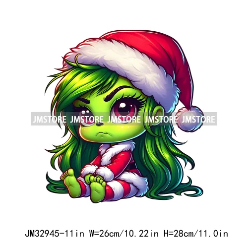 Cute Green Baby Cartoon Santa Claus Christmas Vibes Xmas Holiday Iron On DTF Transfers Stickers Ready To Press For Sweatshirts