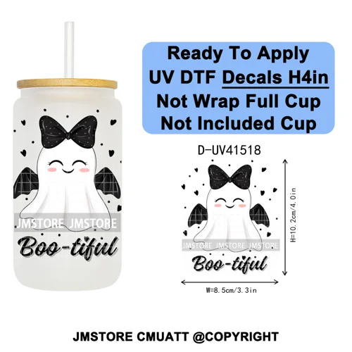 Spooky Highland Cow Halloween Ghosts Pumpkin UV DTF Decals Ready To Apply Waterproof Transfer Stickers For 16OZ Libbey Glass Can