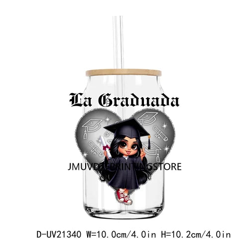 Chicano Graduation Chibi UV DTF Transfer Stickers Decals For Libbey Cold Cups Mugs Tumbler Waterproof Logo Educated Latina Girl