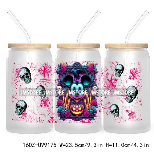 Cartoon Halloween Witch Skull Pumpkins UV DTF Sticker For 16OZ Libbey Glass Cup Can Wrap Transfer Stickers Custom Label DIY Logo