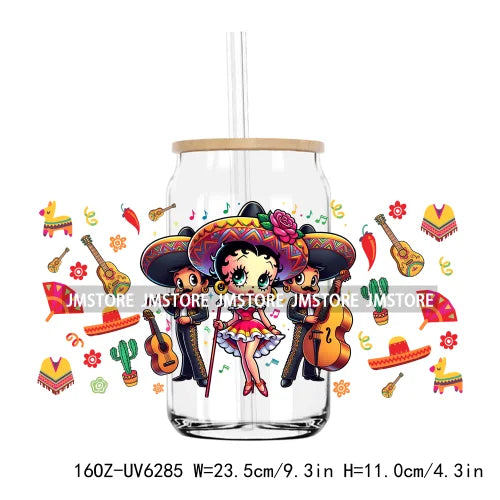 Cartoon Princess Cinco De Mayo Mexican UV DTF Sticker For 16OZ Libbey Glass Cup Can Wrap Transfer Stickers Custom Label DIY Logo