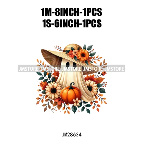 Cute Fall Florals Spooky Ghost Halloween Pumpkins Leaves Autumn  Iron On DTF Transfers Stickers Ready To Press For T-shirts Bags