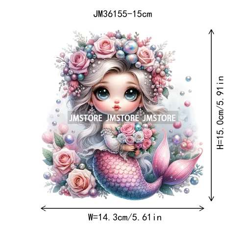 15cm 5.9in Cute Kid Flower Mermaid Iron On DTF Heat Transfer Sticker For Clothes Printed Thermal Applique Washable T-Shirt Decal