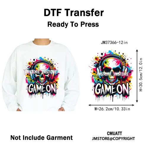 12in Hip Hop Graffiti Urban Skull Gaming Controller Game Lovers Iron on DTF Transfers Stickers Ready to Press for Hoodies Bags