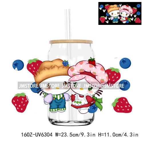 Cute Cartoon Cat Strawberry 16OZ UV DTF Cup Wrap Transfers Stickers Custom Labels Durable Waterproof Logo For Libbey Glass Can