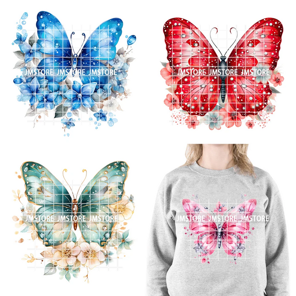 Colorful Butterfly Floral Romantic Spring Season Iron on DTF Heat Transfers Washable Stickers Ready to Press for T-shirts Bags
