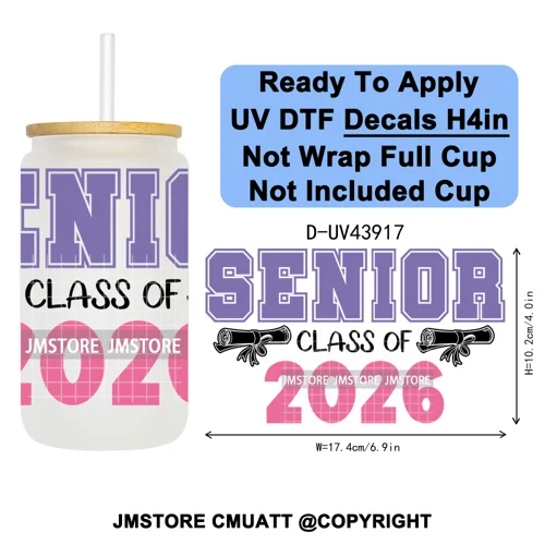 Girly University Graduation 2026 UV DTF Decals Ready To Apply Waterproof Transfer Stickers DIY Crafts For 16OZ Libbey Glass Can