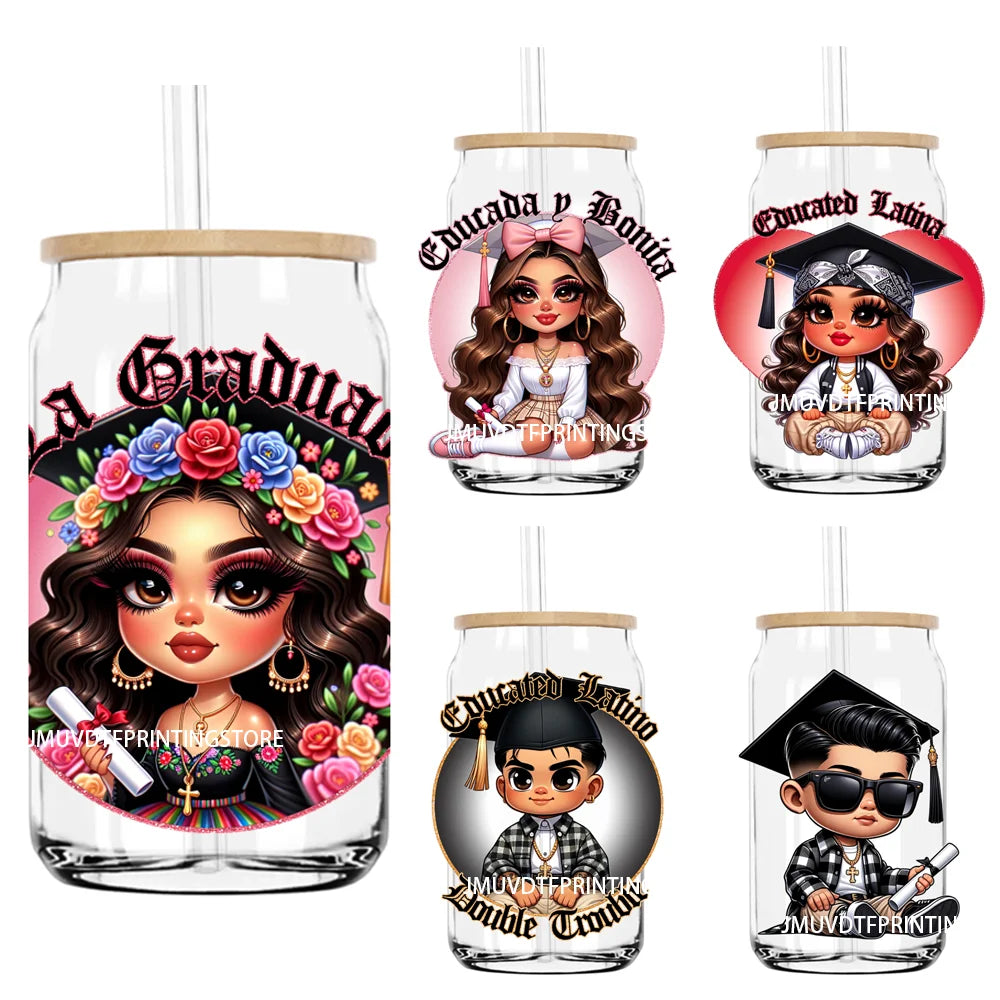 Chicano Graduation Chibi UV DTF Transfer Stickers Decals For Libbey Cold Cups Mugs Tumbler Waterproof Logo Educated Latina Girl