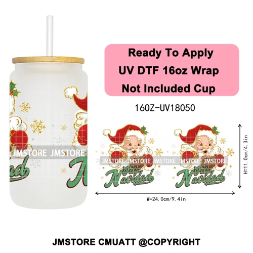Feliz Navidad Christmas Mexican Food UV DTF Stickers Ready To Apply Cup Wrap High Quality Waterproof For 16OZ Libbey Can Glass