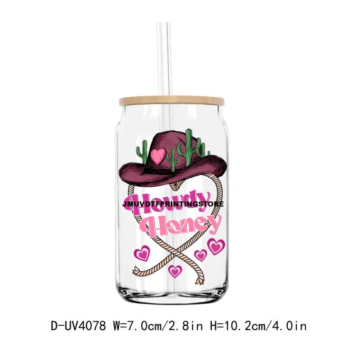 Western Howdy Cowgirl Valentine's Day UV DTF Sticker For 16OZ Libbey Glass Cup Can Wrap Transfer Sticker Custom Labels DIY Logo