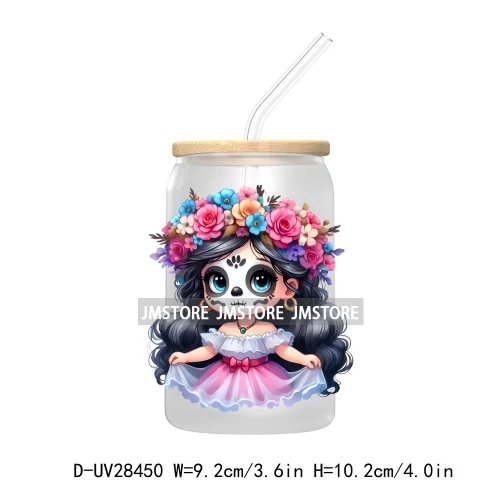 Cute Latina Cartoon Princess Baby Girl UV DTF Transfer Stickers Decals For Libbey Cold Cups Mug Tumbler Labels Sugar Skull Woman