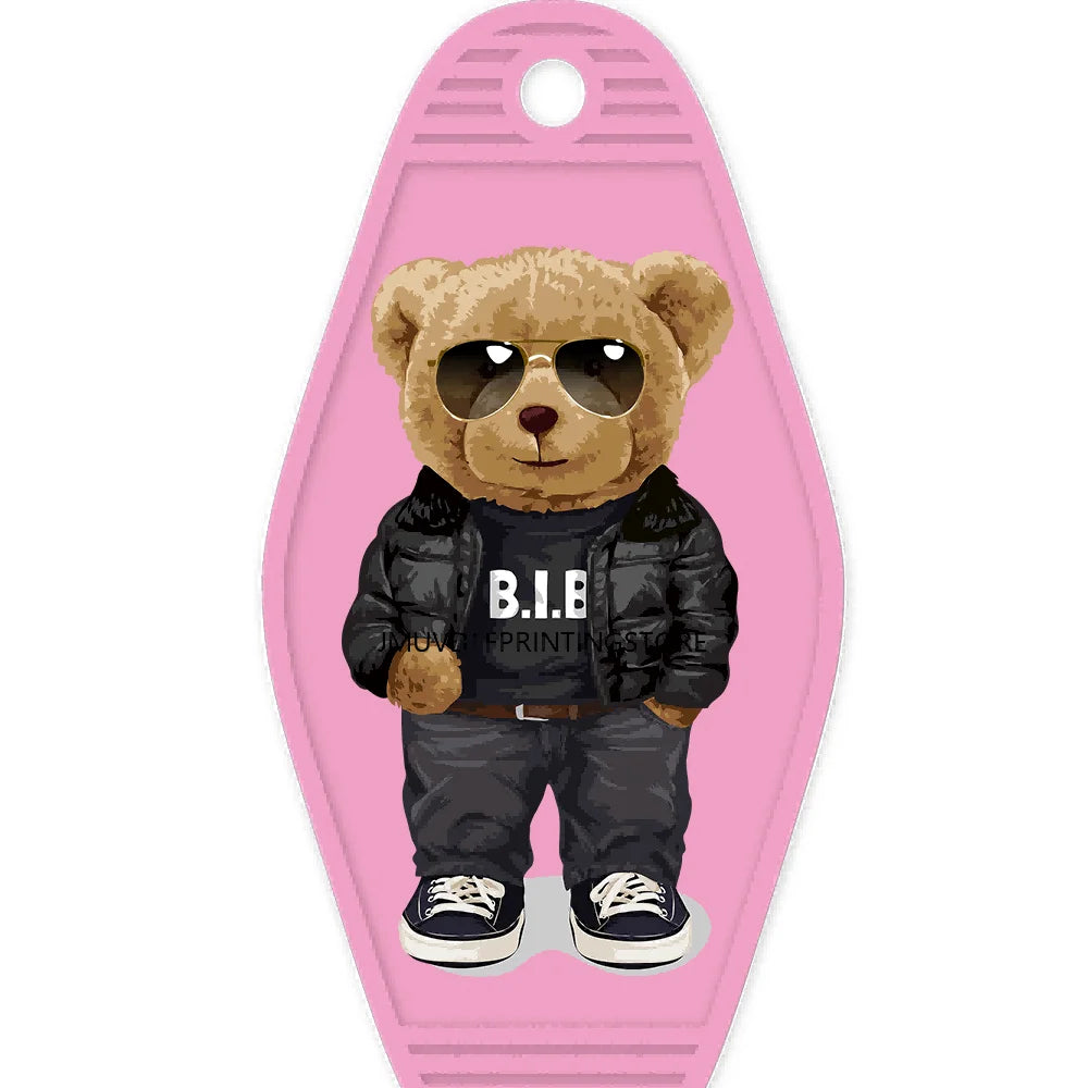 Cute Pink Teddy Bear Girl High Quality WaterProof UV DTF Sticker For Motel Hotel Keychain Brown Bears Baseball