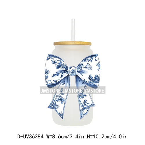 Blue Chinoiserie Coquette Bow UV Sticker Decals For Libbey Cold Cups Mug Tumbler Transfer Stickers Waterproof Top Quality Prints