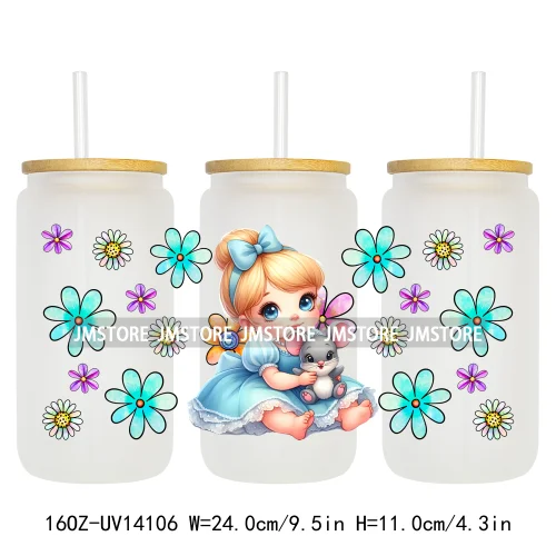Cartoon Baby Princess Floral Flowers UV DTF Wraps Transfer Stickers Ready To Apply Waterproof For 16OZ Libbey Glass Can Tumblers