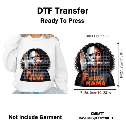 Horror Halloween Character Afro Coffee Killer Bad Mama Club Iron on Washable DTF Transfers Stickers Ready to Press for Clothing