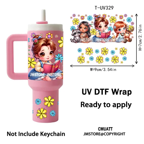 Watercolor Little Girl Cartoon Princess Flowers UV DTF Wraps Ready To Use Transfer Stickers Waterproof For Mini Tumbler Keychain