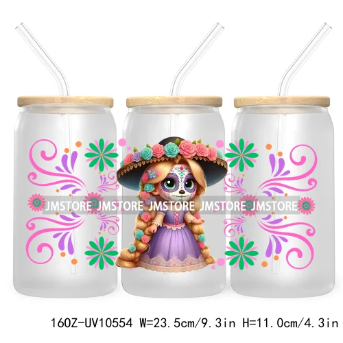 Dia De Los Muertos Mexican UV DTF Sticker For 16OZ Libbey Glass Cup Can Wrap Transfer Stickers Hispanic Halloween Sugar Skulls