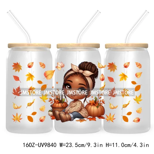 Afro African Girl 16OZ UV Cup Wrap DTF Transfer Stickers For Libbey Glass Can Cups Tumbler Fall Season Autumn Waterproof Labels