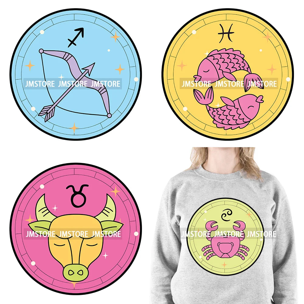 Funny Round Zodiac Celestial Star Signs Horoscope Iron On Washable DTF Heat Press Transfers Stickers Ready To Press For T-shirts