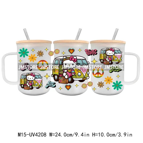 Cartoon Best Friends UV DTF Glass Can Wrap For 15OZ Mug Glass Cup Transfer Stickers DIY Custom Logo Labels Cute Cat Sunflowers