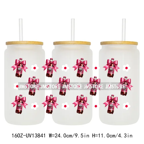 Soft Drink Pink Bow Coquette Strawberry UV DTF Wraps Transfer Sticker Selfadhesive Waterproof  For 16OZ Libbey Glass Can Tumbler