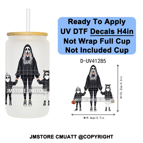Family Halloween Horror Mama UV DTF Transfer Stickers Decals Ready To Apply Waterproof For 16OZ Libbey Glass Can Cups Tumbler