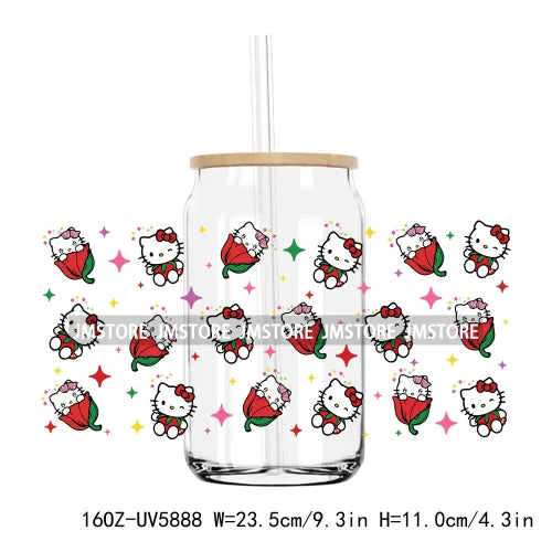 Flower Cartoon Cat With Pink Bow 16OZ UV DTF Cup Wrap Transfer Sticker Custom Label Durable Waterproof Logo For Libbey Glass Can