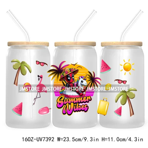 Summer Vibes 16OZ UV DTF Cup Wrap Transfers Stickers For Libbey Glass Can Cups Tumbler Waterproof Labels Cartoon Beach Vacation