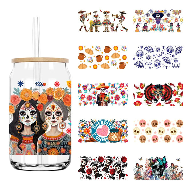 Halloween Sugar Skull Woman 16OZ UV DTF Cup Wrap Transfers Stickers Custom Labels DIY Durable Waterproof Logo For Libbey Glass