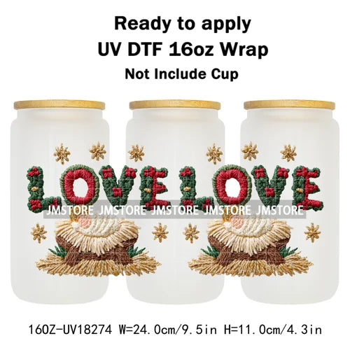 Faux Yarn Crochet Jesus Christmas Religious UV DTF Stickers Ready To Apply Cup Wrap Custom Labels DIY Craft For Libbey Glass Can