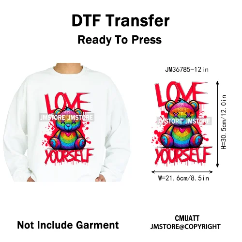 12in Cartoon Gangster Hip Hop Streetwear Teddy Bear Lover Designs Iron on DTF Heat Transfers Stickers Ready to Press for Hoodies
