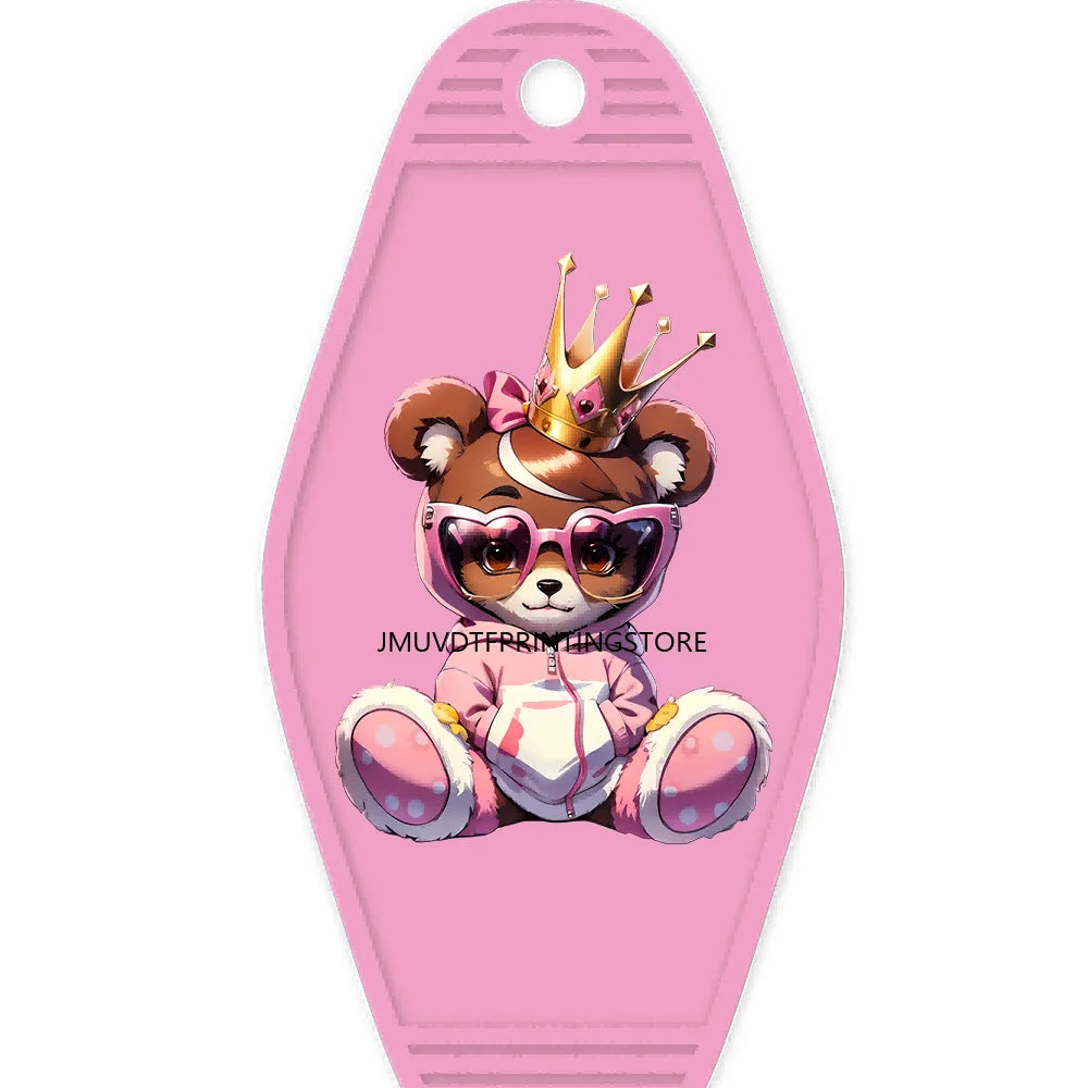 Cute Cat Girl Teddy Bears King High Quality WaterProof UV DTF Sticker For Motel Hotel Keychain Pink Cartoon Animals