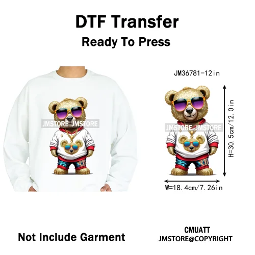 12in Cartoon Gangster Hip Hop Streetwear Teddy Bear Lover Designs Iron on DTF Heat Transfers Stickers Ready to Press for Hoodies
