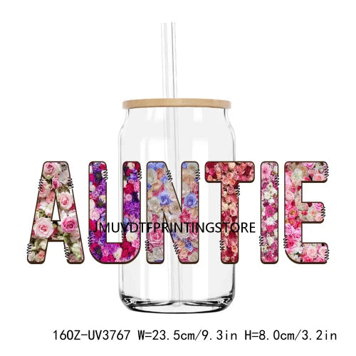 Flower Family Mama Nana UV DTF Sticker For 16OZ Libbey Glass Cup Can Wrap Transfer Sticker Custom Labels DIY Logo Dogmom