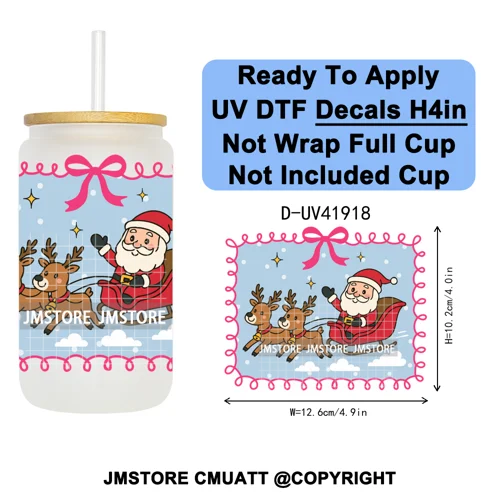 Preppy Christmas Stamps Xmas Card UV DTF Transfer Stickers Decals Ready To Apply Waterproof For 16OZ Libbey Glass Can Tumbler