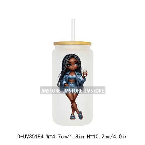 Fashion Black Chibi Denim Girl UV DTF Transfer Stickers Decals Ready To Apply Waterproof For 16OZ Libbey Glass Can Cup Tumbler