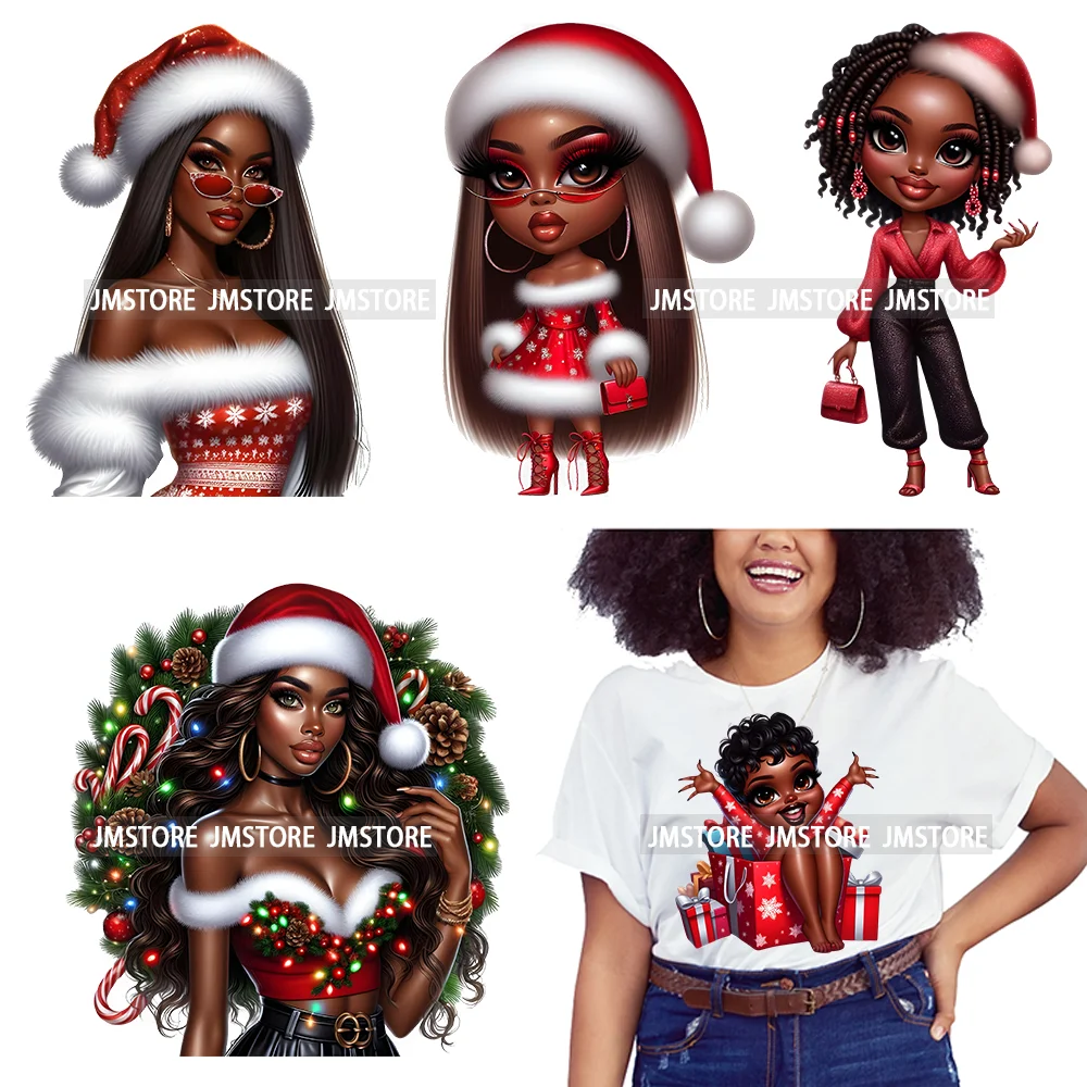 Merry And Bright Melanin Christmas Winter Festive Cheer Santa Woman Iron On DTF Transfer Stickers Ready To Press For Sweatshirts