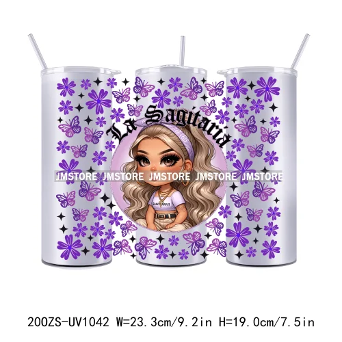Latina Zodiac Girl Butterfly 20OZ Straight Skinny Tumbler Wrap Ready To Apply UV DTF Transfer Stickers Custom Prints For Tumbler