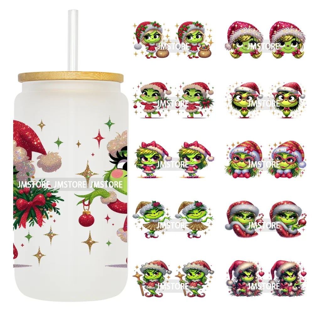 Faux Glitter Christmas Girl Green Guy UV DTF Stickers Ready To Apply Cup Wrap Custom Labels DIY Craft For Libbey Glass Can Mugs